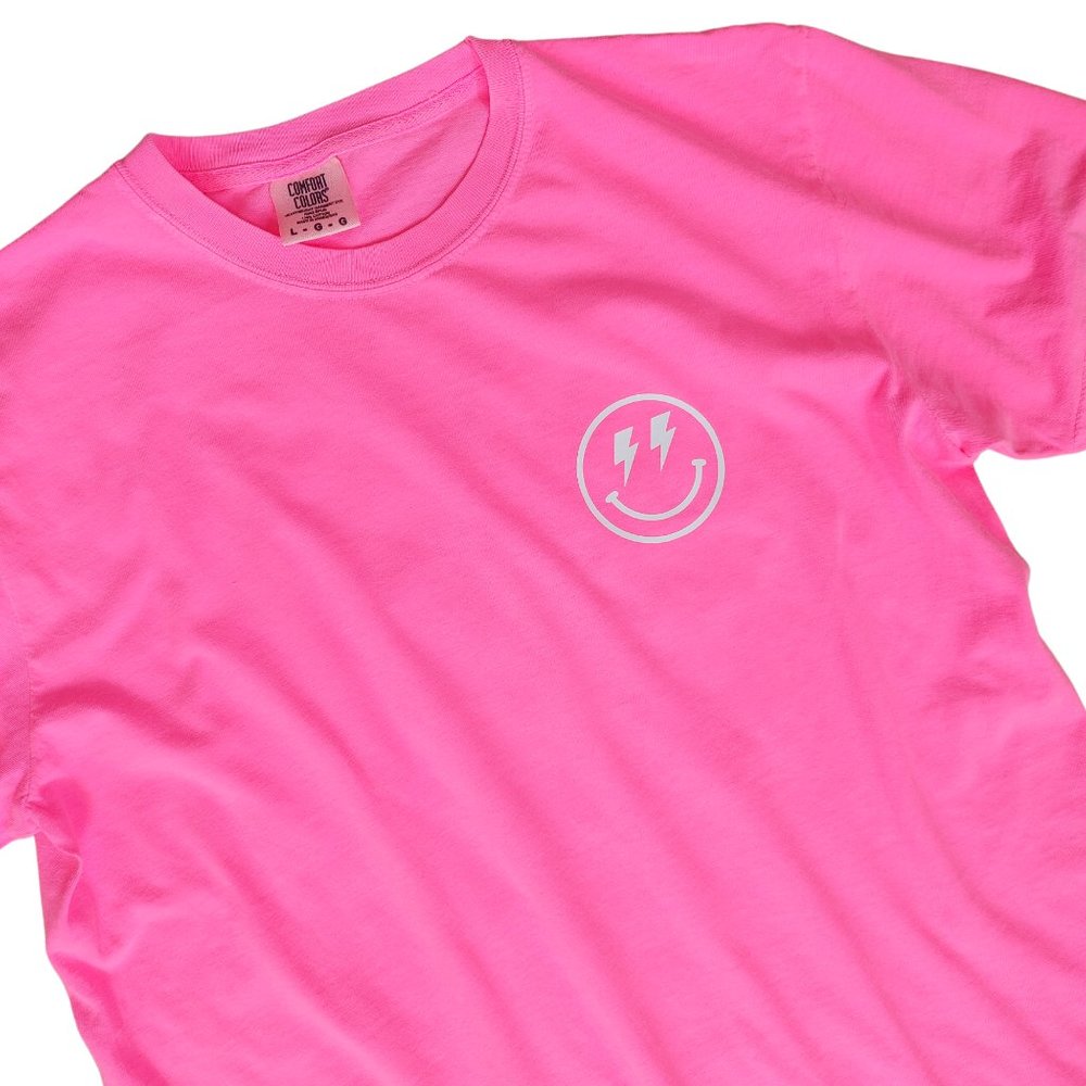 Neon Pink Smiley Face Checkerboard Lightning Bolt T-Shirt - Picture 3 of 10